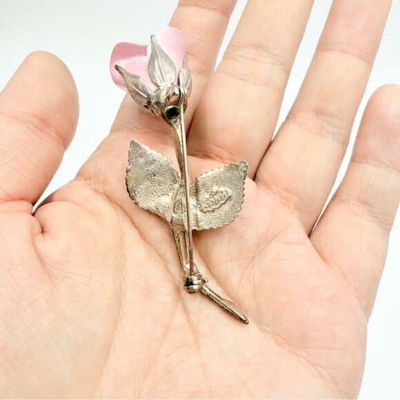Vintage GIOVANNI Signed Silver Tone Pink Rose Stem Brooch - Picture 4 of 9